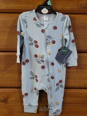 Modern Moments Light Blue Raspberry-Print Zip Footless Pajamas